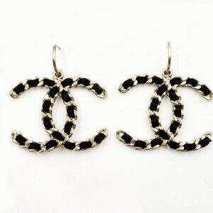 Chanel Gold CC Chain Black Ribbon XL Hoop Earrings